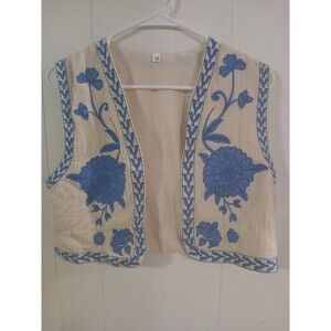 Floral Women’s Embroidered Open Vest Waistcoat Boho Blue Ecru Size M